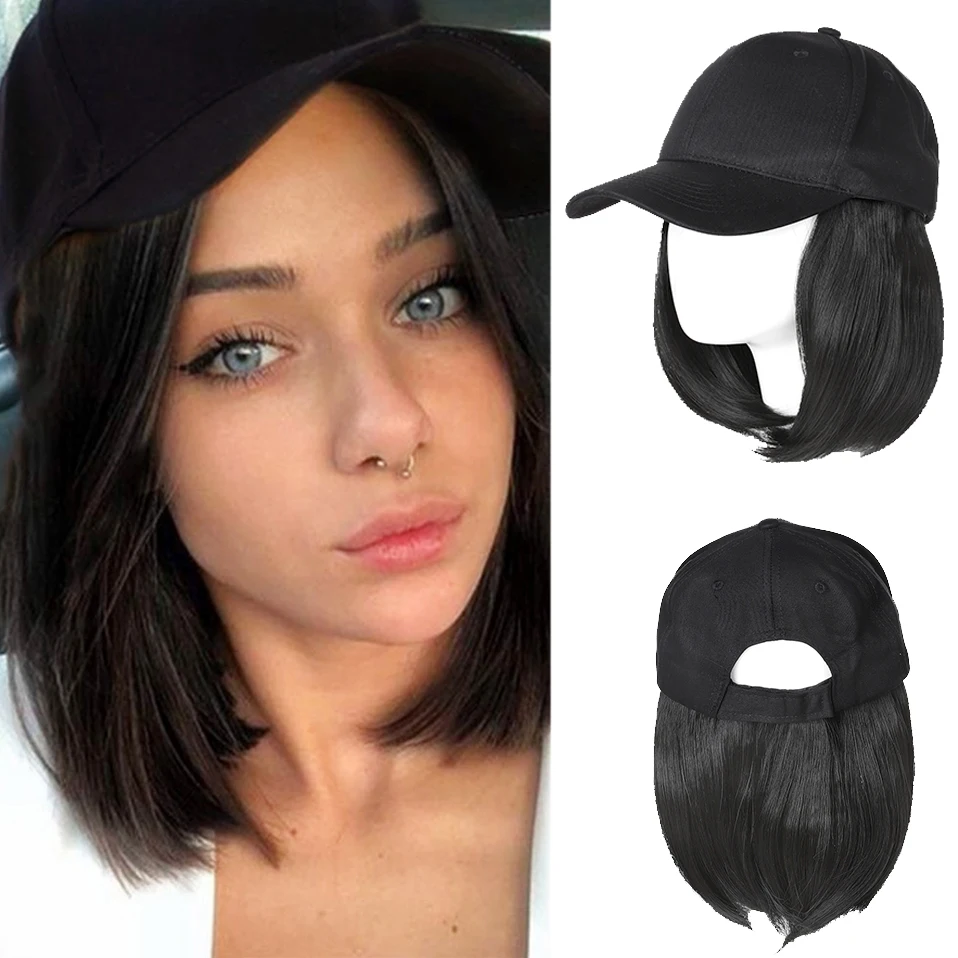 

HAIRRO 6“ Short Straight Bob Wig Synthetic Natural Wigs Black Hat Wigs Cap With Hair Naturally Connect Baseball Cap Adjustable