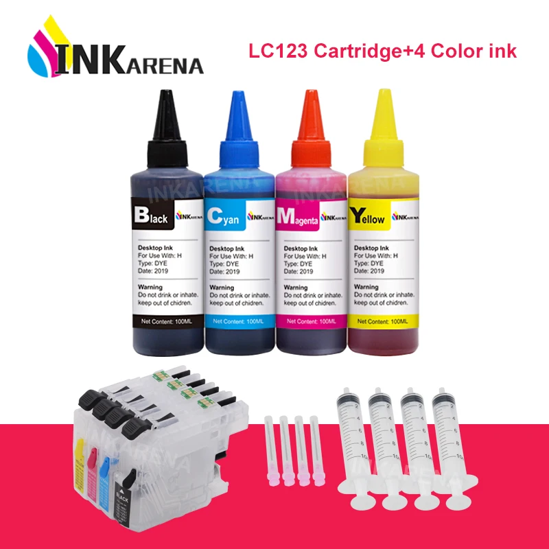 

INKARENA 4×100ml Printer Ink + LC123 XL Refillable Ink Cartridges For Brother LC 123 121 125 127 129 DCP-J4110DW J132W J152W