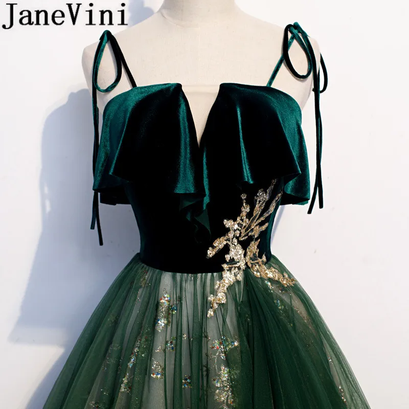 Janevini escuro verde veludo superior vestidos de baile longo ouro brilhos princesa fofo tule cintas de espaguete uma linha formal vestidos de festa