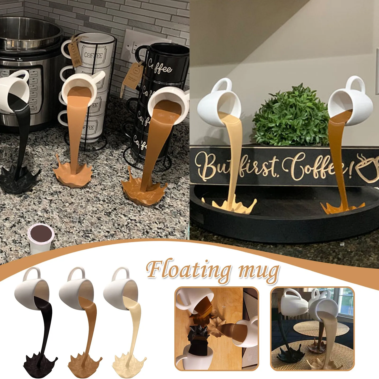 New Floating Spilling Coffee Cup Sculpture Kitchen Decoration Spilling Magic Pouring Splash Creative Coffee Mug Home Decoration