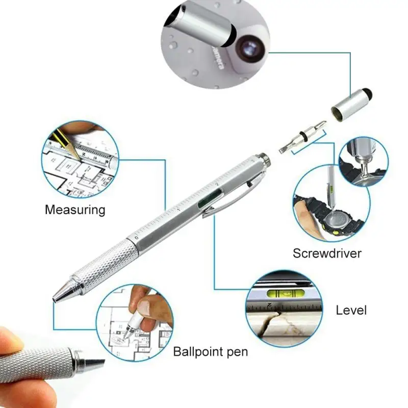 Multi function ballpoint pen. Screwdriver, tool, caliper, level, scale, ballpoint pen, capacitance, advertisement