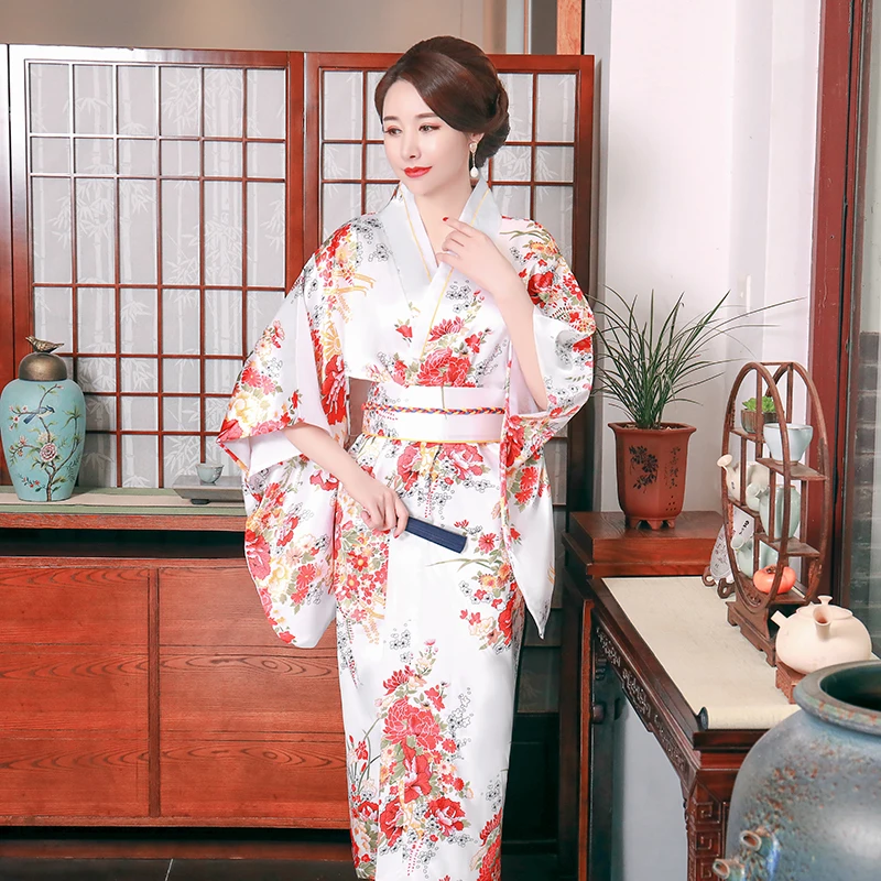 Women's White Floral Print Yukata Kimono Gown with Obitage Half Sleeve Sexy Performance Clothing Classic Kimono Style with Belt