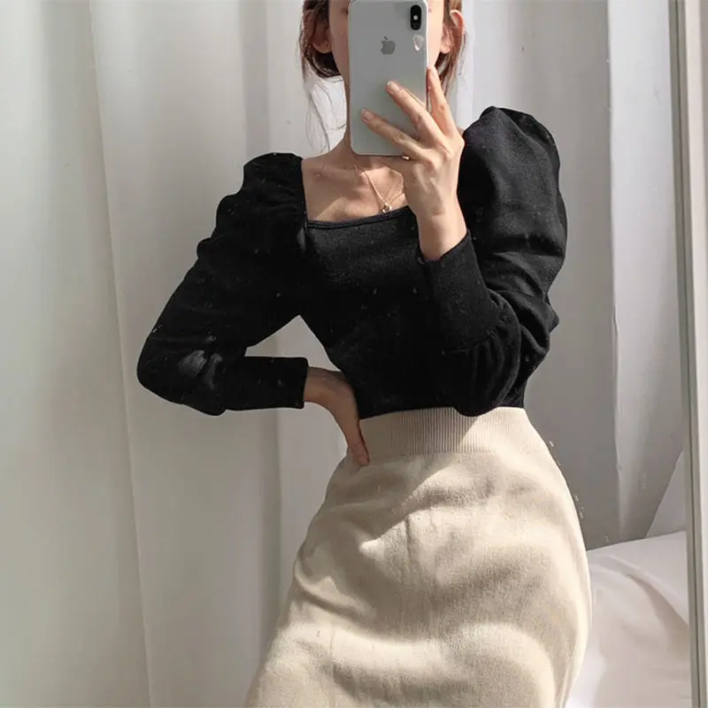 Woherb 2024 Women Fashion Puff Sleeve Basic Knitting Sweater Autumn Solid Casual Slim-fit Knitted Pullover Korean Vintage Jumper