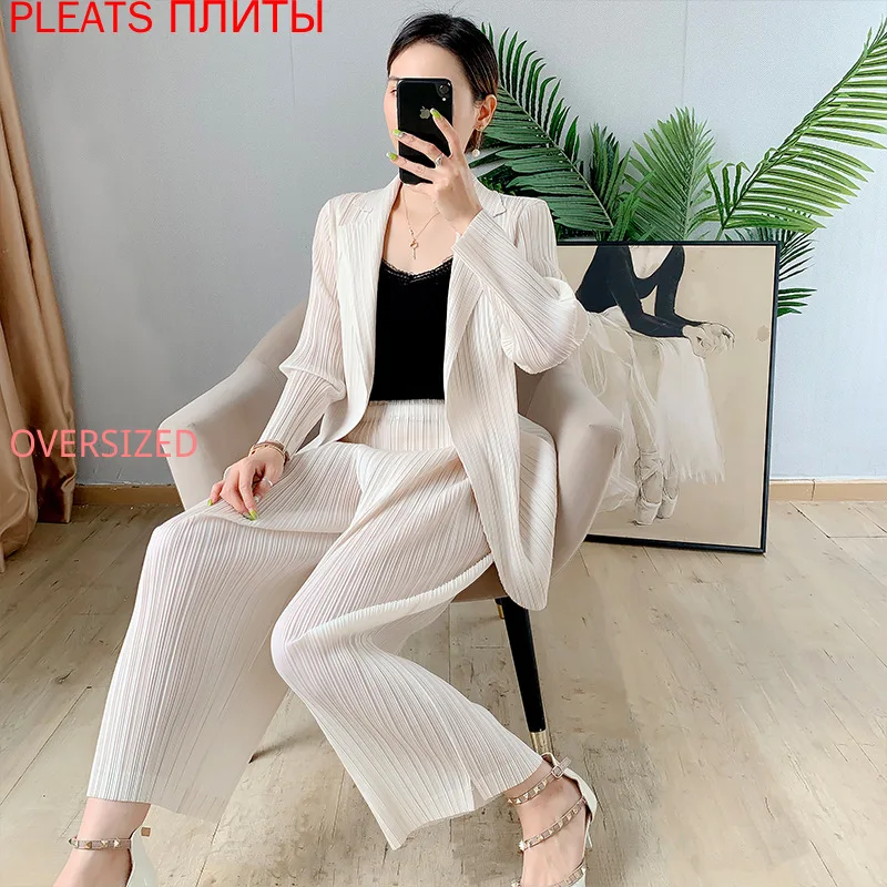 Miyake Pleated Suit for Women, Straight Pants, Straight Trousers Set, New Fashion, Western Mint Green, Two-Piece Suit