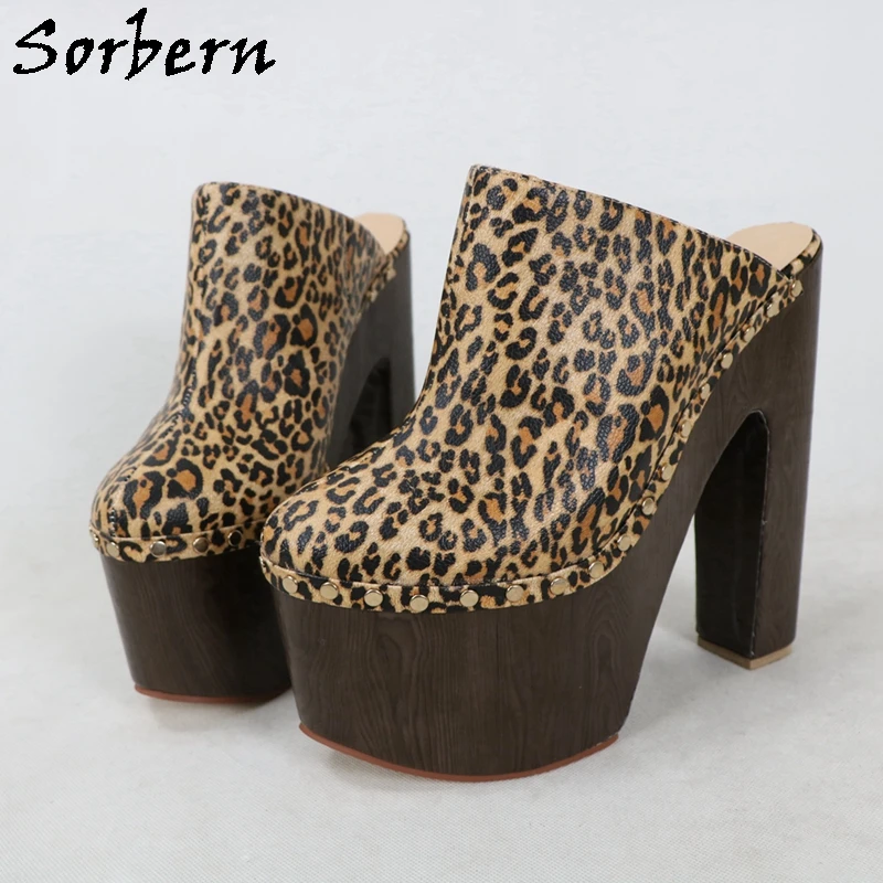 Sorbern Punk Rivets Women Pump Block Heels Mules Unisex Studs Side Slip On Cork Style Wrapped Chunky Heel Platform Thick Shoe