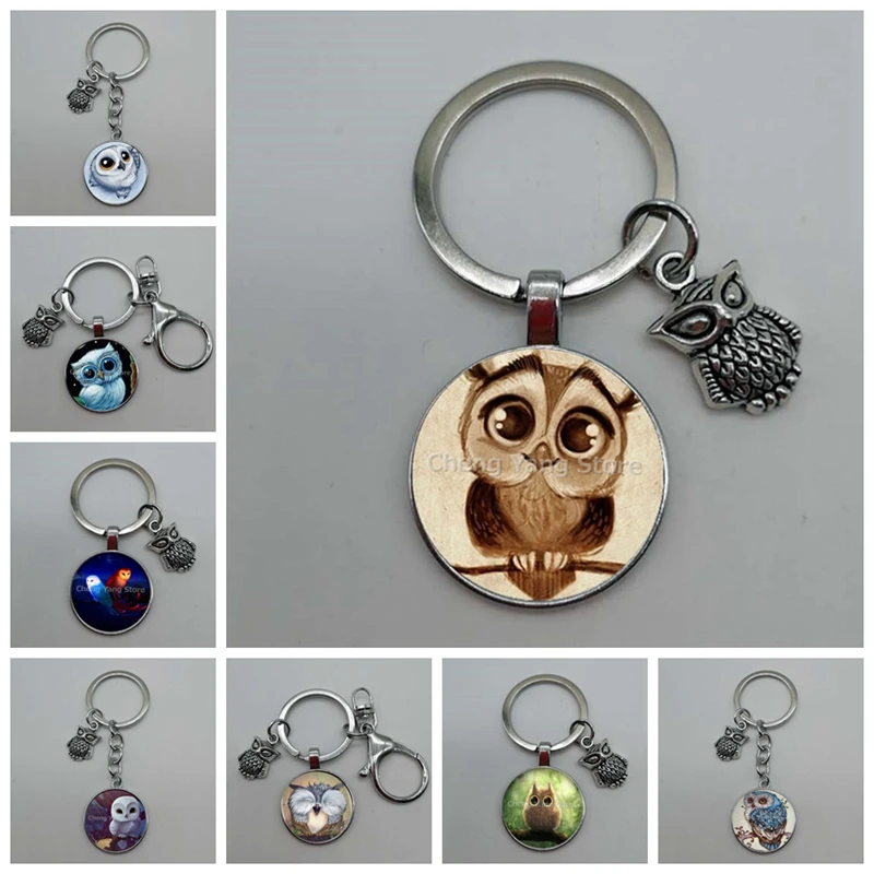 Hot Sale Cute Owl Pendant Keychain Big Eyes Cute Bird Vintage Picture Glass Convex Pendant Keychain