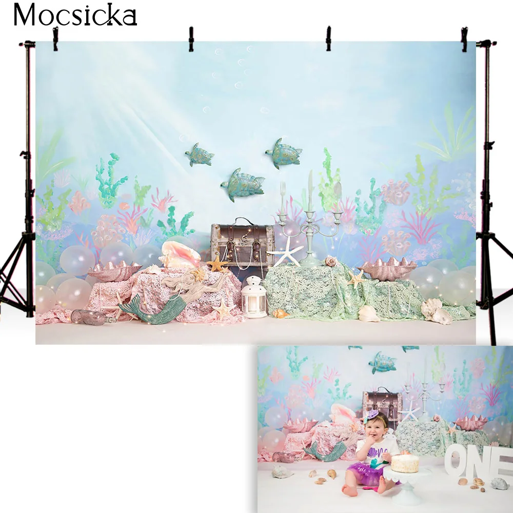 인어 테마 생일 케이크 스매시 신생아 초상화 사진 배경, 바다 아래 작은 인어 사진 배경 소품