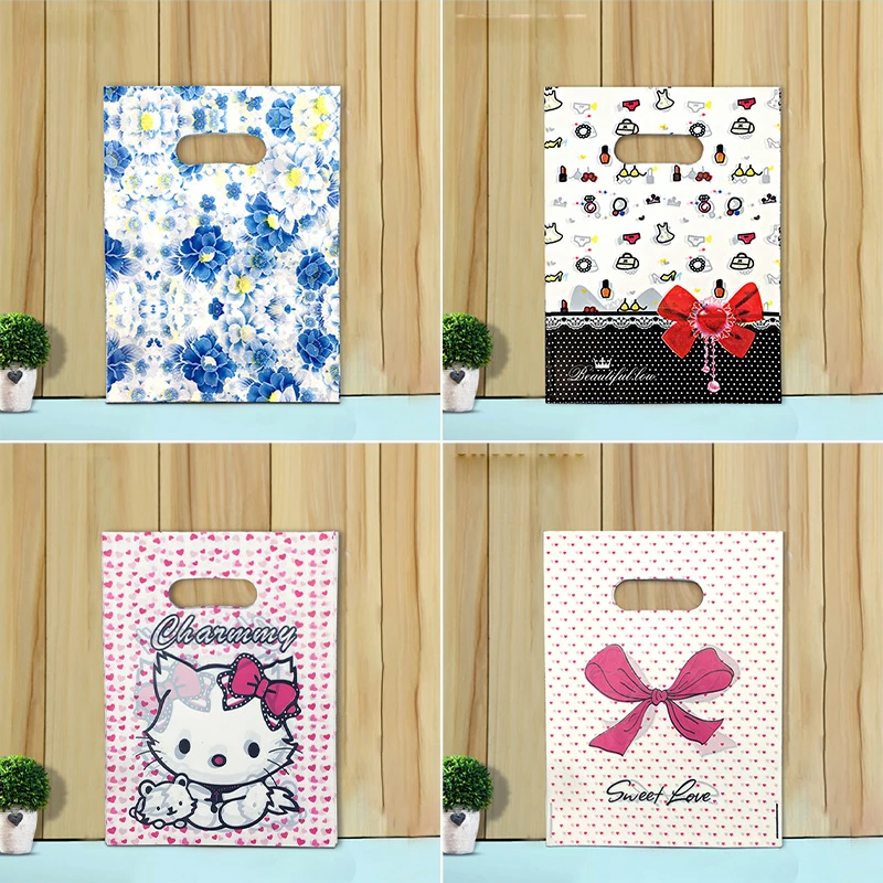 50Pcs 15x20cm/20x30cm Small Jewelry Bag Cute Pattern Plastic Bag with Handle Gift Bags Candy Cookie Party Favor Packaging Bag