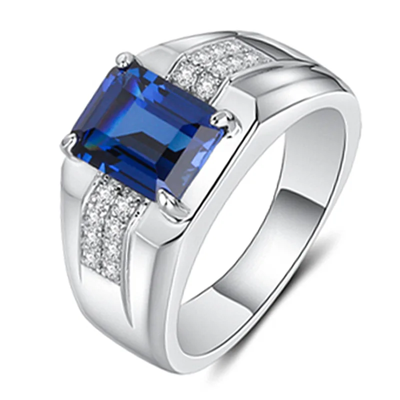 Business Men\'s Ring New Rectangular Blue Gem Ring Classic Personality  Men\'s Wedding Ring Cocktail Party Jewelry Birthday Gift