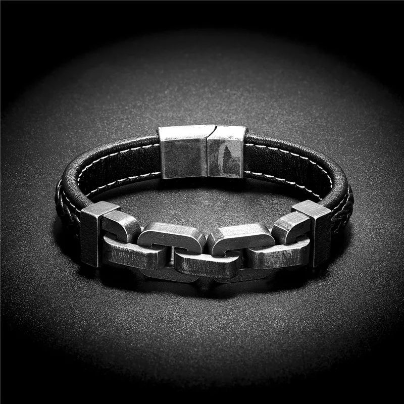 Genuine Leather Wrapping Special Style Classic Stainless Steel Bicycle Locomotive Chain Men Leather Bracelets for Men Jewelry