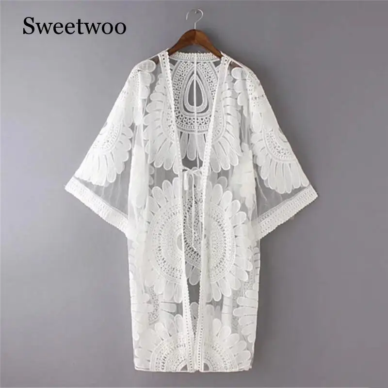 

New Summer Swimsuit Lace Hollow Crochet Beach Bikini Cover Up 3/4 Sleeve Women Tops Swimwear Beach Dress White Beach Tunic Shirt