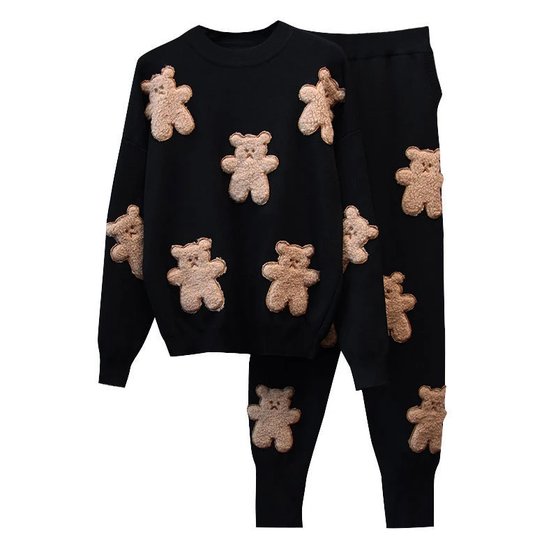 2021 Spring Autumn Women Fashion Long Sleeve Bear Patch Knitting Sweater Suit + Little Feet Casual Pants Female Two Piece Sets