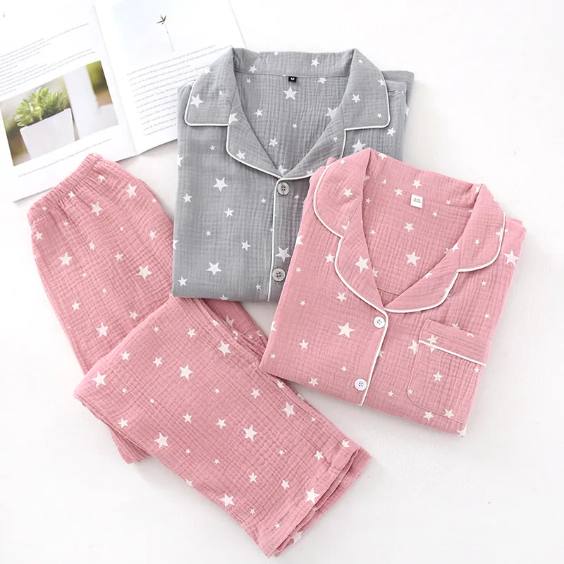 Autumn Winter Men And Women Washed Cotton Gauze Long Sleeve Pyjamas Lovers Cotton Double Crepe Sleepwear Suit Size пижама