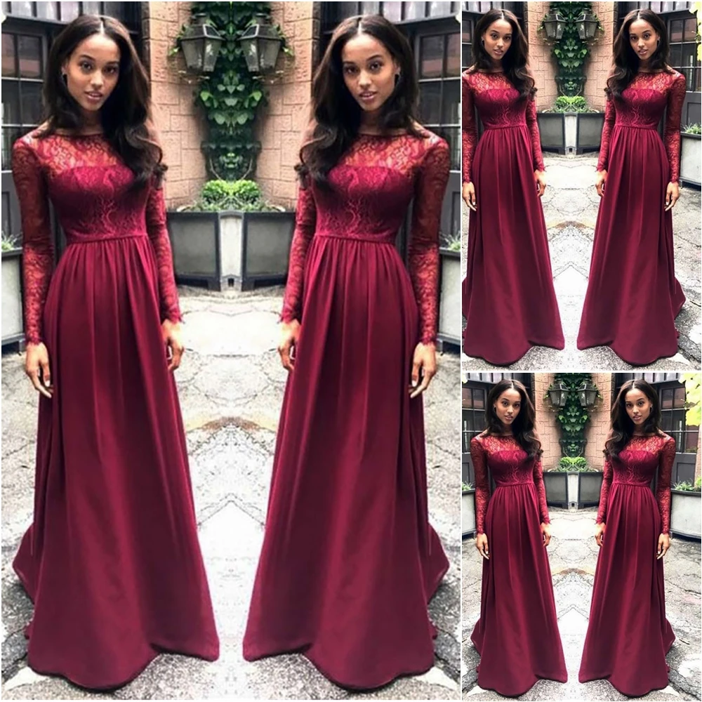 

A Line Long Sleeve Gown Lace Bridesmaid Dresses Chiffon Formal Dresses Bateau Dress Prom Party Gown Custom