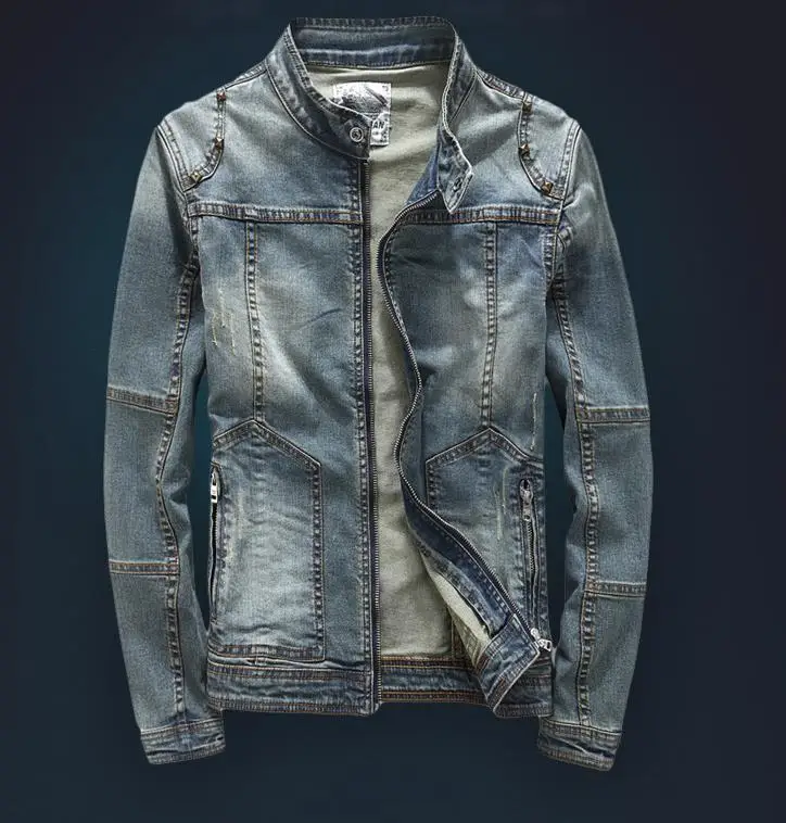 

Stand Collar Men's Jean Motorcycle Jacket Blue Cotton Denim Biker Punk Rock Slim Coat Spring Autumn Outwear Drop Shipping