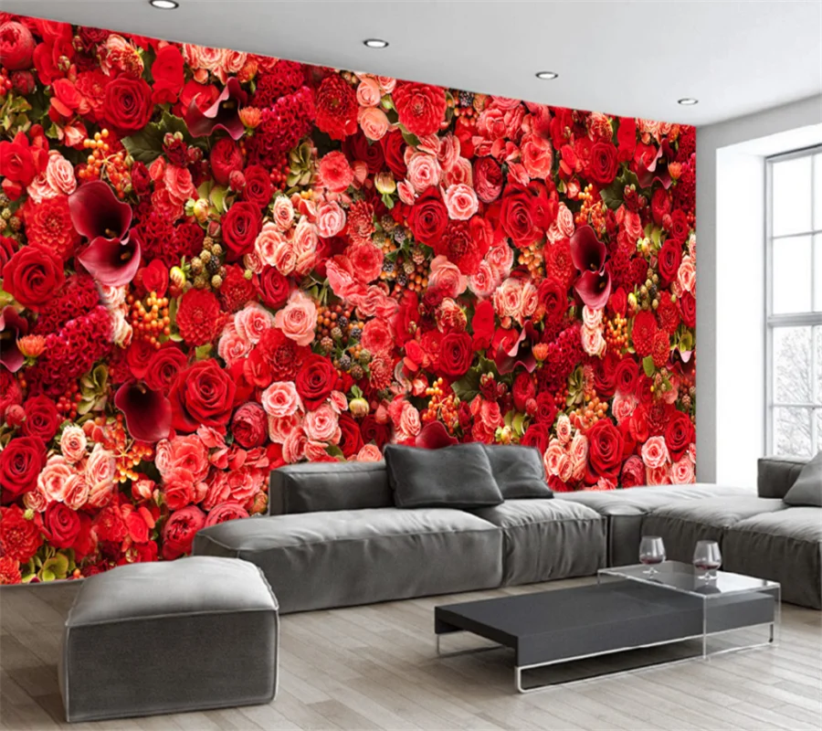 wellyu Customized large mural 3d wallpaper red rose flower sea bouquet theme living room background wallpaper