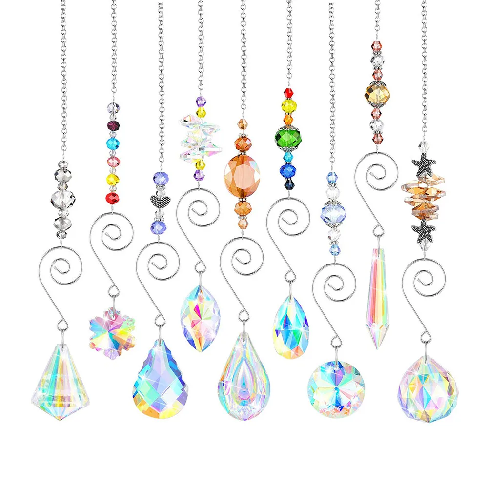 LEISI 9 Pieces Of Colorful Crystal Sun Catcher Hanging Suncatcher Beaded Chandelier Chain Lamp Pendant Crystal Glass Pendant Han