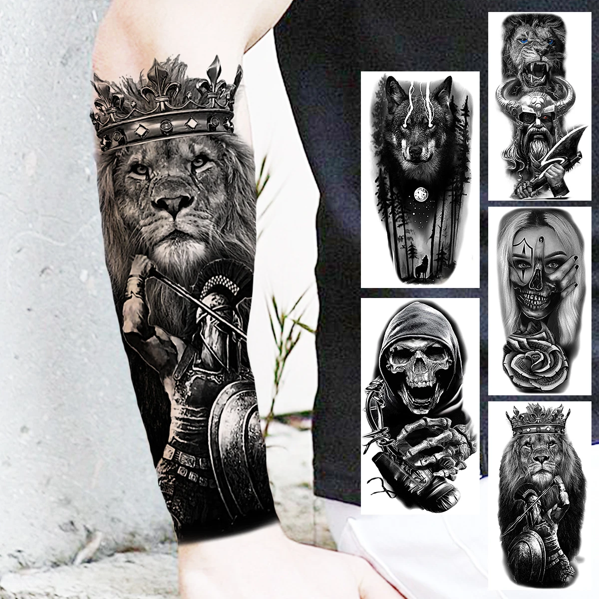 Lion Knight Crown Temporary Tattoos For Women Men Realistic Wolf Pirate Captain Samurai Scary Fake Tattoo Sticker Forearm Tatoos