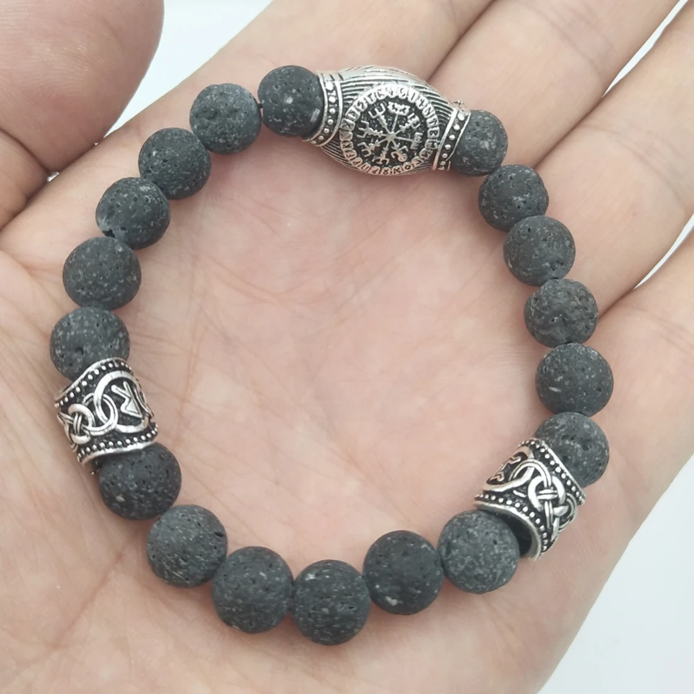 Men Black Lava Natural Volcanic Stone Bracelets Bangles Women Vinking Rune Vegvisir Compass Beads Jewelry Handmade