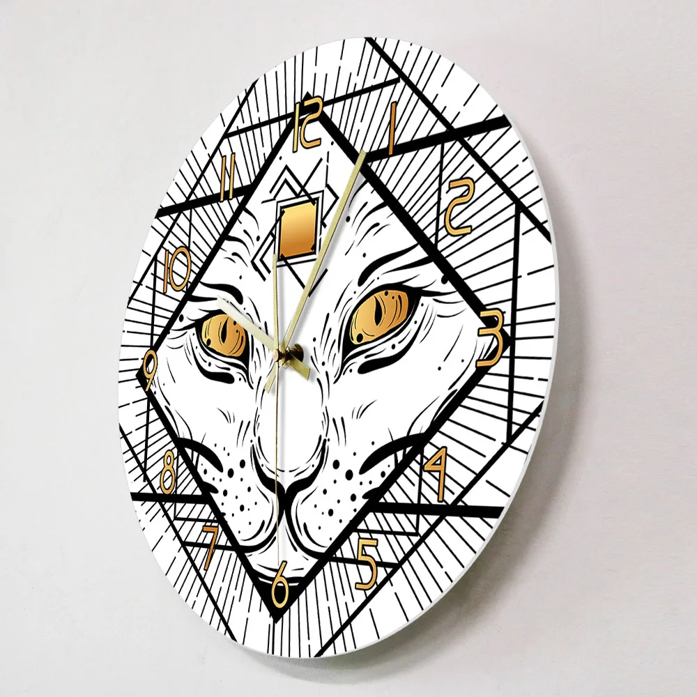 Dark Witchy Cat with Three Eyes Decorative Wall Clock Tattoo Style Devil Cat Head Silent Movement Wall Clock Gothic Home Decor