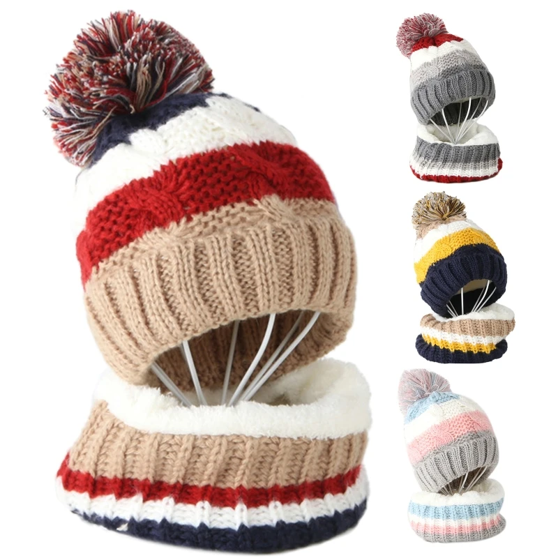 

Kids Winter 2Pcs Cable Knit Beanie Hat Circle Scarf Set Cute Pompom Skull Cap Thick Plush Lined Ski Neck Warmer 3-10 Years Old