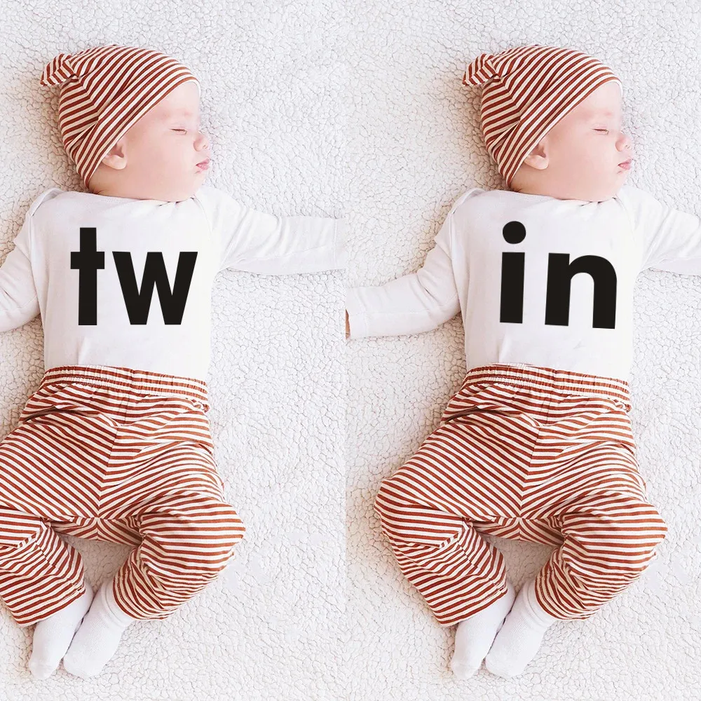 Newborn Baby Twins Boys Girls Clothes Cute White Tw/in Letter Printed Bodysuit Long Sleeve Jumpsuit Matching One Piece Outfits