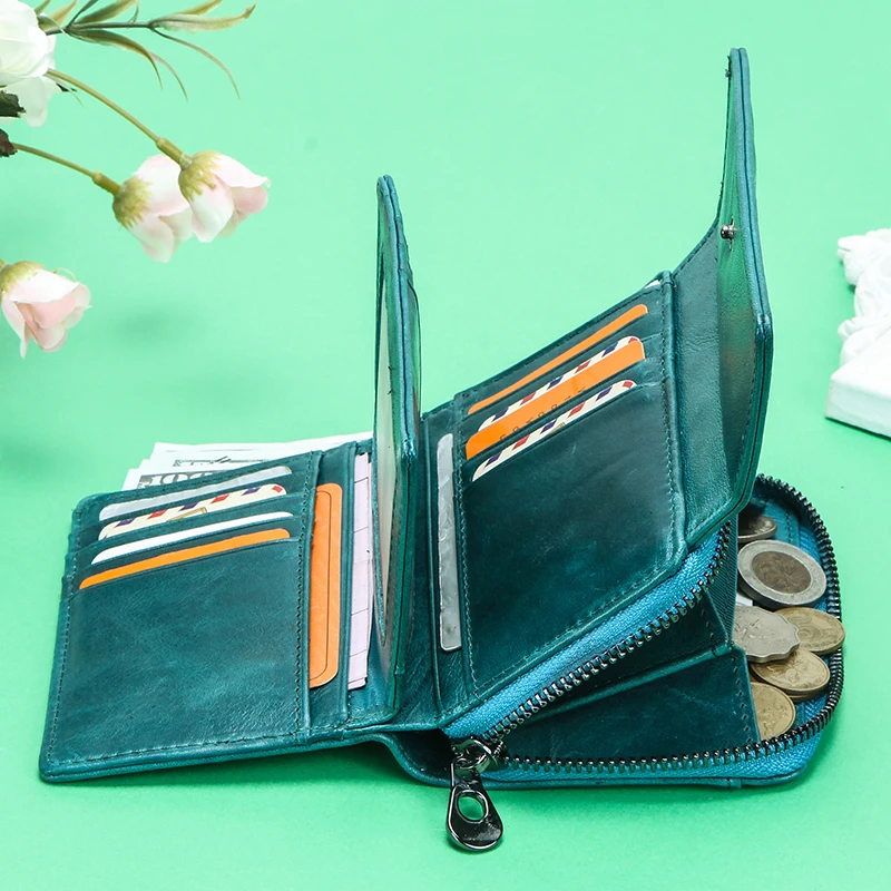 Contact\'S RFID Blocking Short Wallet Female Genuine Leather Coin Purse Small Wallets Women Card Holder Money Bag for Woman