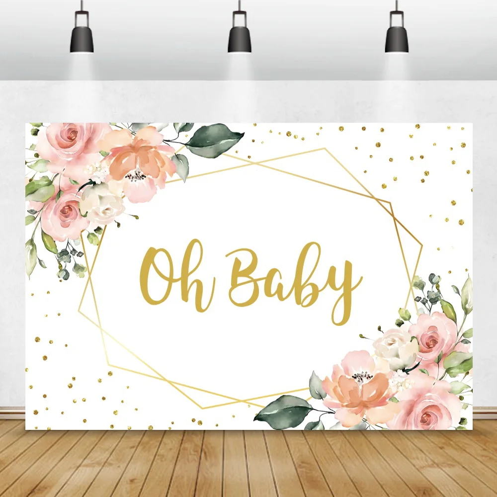 Baby Shower Photography Backdrop Golden Line Pokla Dots Pink Flowers Child Portrait Custom Poster Photocall Background Banner