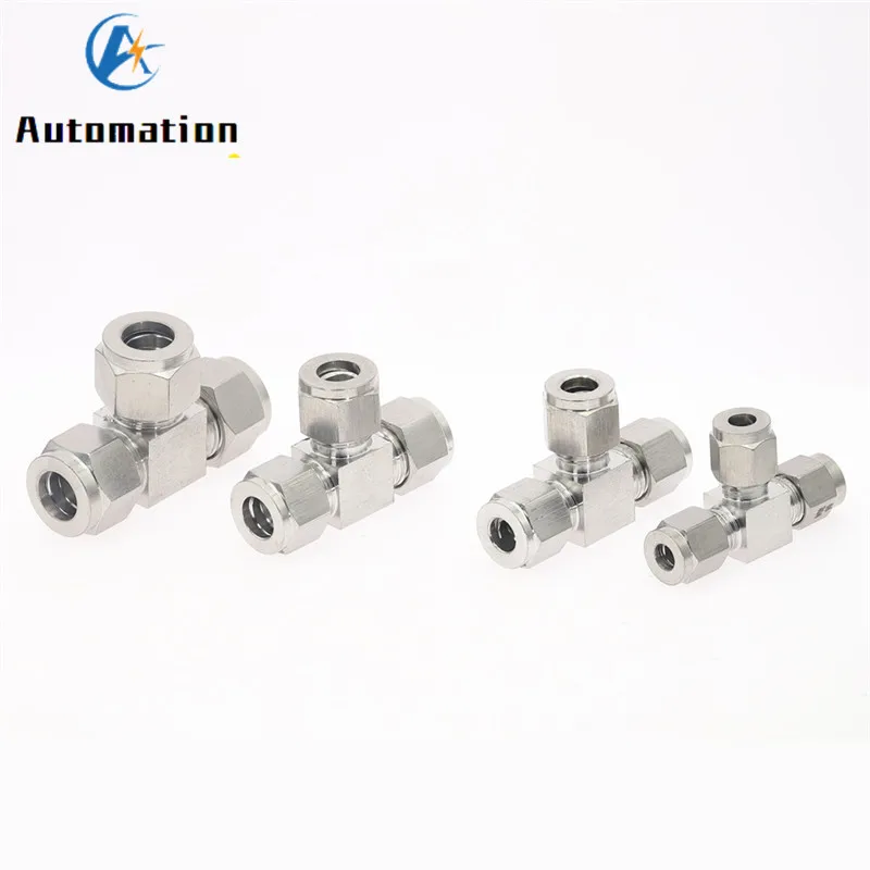 3 4 6 8 10 12mm 1/8 1/4 3/8 1/2 Pipe OD Tee 3 Way Double Ferrule Tube Fittings T-Type 304 SS Stainless Steel Pipe Connector