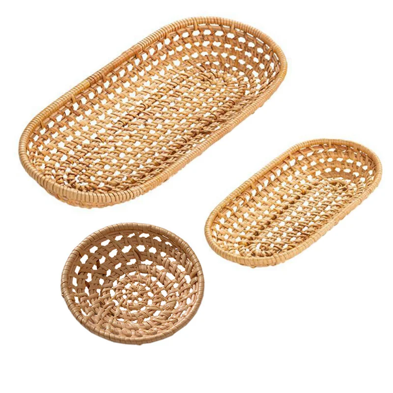 S/L Wicker Rattan Storage Tray Hand-Woven Tea Dessert Plate Round Food Fruit Bread Breakfast Serving Tray for Home Dinner Party