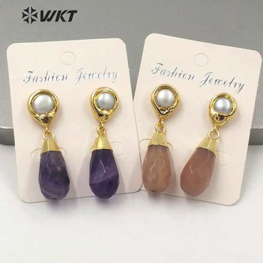 WT-E634 Wholesale Cheap Stone Earrings Female Faceted Water Drop Pink And Purple Stone Earrings 10pcs a Lot