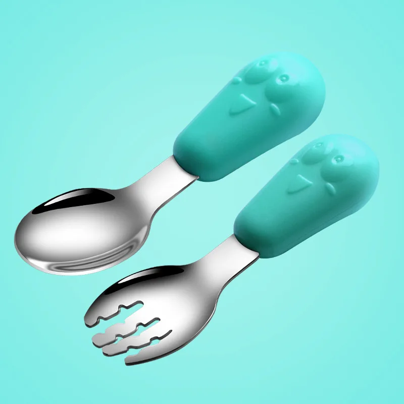 

Baby Feeding Fork Silicone Handle Spoon + Stainless Steel Fork Baby learning And Training Supplementary Food Tableware Set