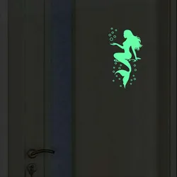 Glowing Mermaid Wall Stickers for Home Decoration Bathroom Door Sign Decal Glass Cartoon Wallpaper House Luminous Toilet Sticker