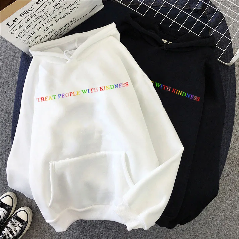 English Letter Treat People With Kindness Printed Hoodie Women Pullover Long Sleeve Men Loose Sweatshirt