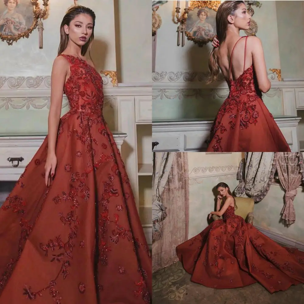 Red African Saudi Arabia A Line Prom Celebrity Dresses 2020 One Shoulder Vestidos de gala 3D Flower Appliques Evening Formal