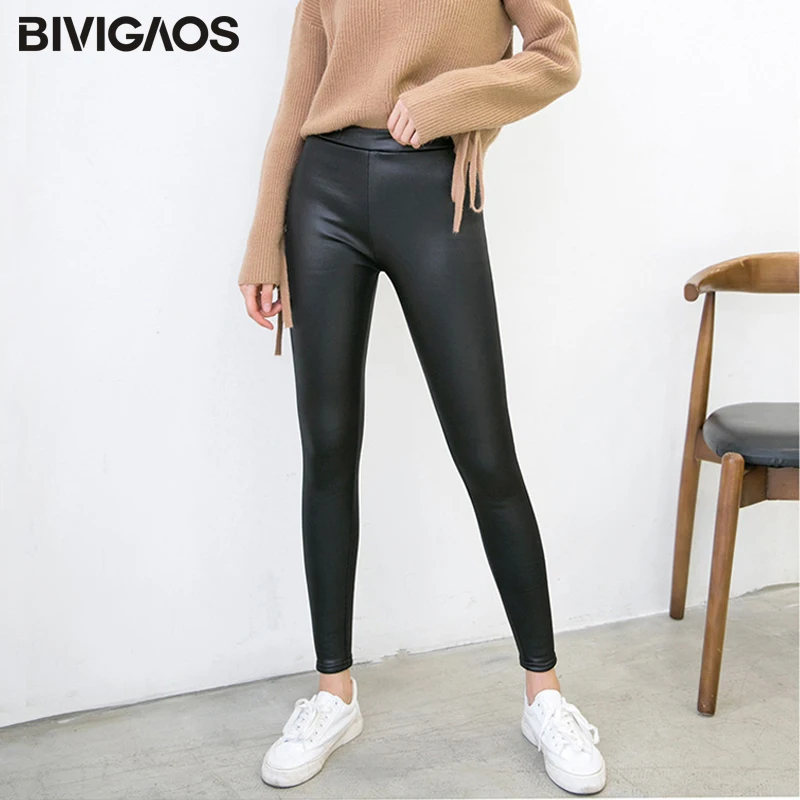 BIVIGAOS New Women\'s Autumn Winter Warm Leggings Black Stretch Faux Leather Velvet Leggings Pants Thick Leggings 6XL Punk