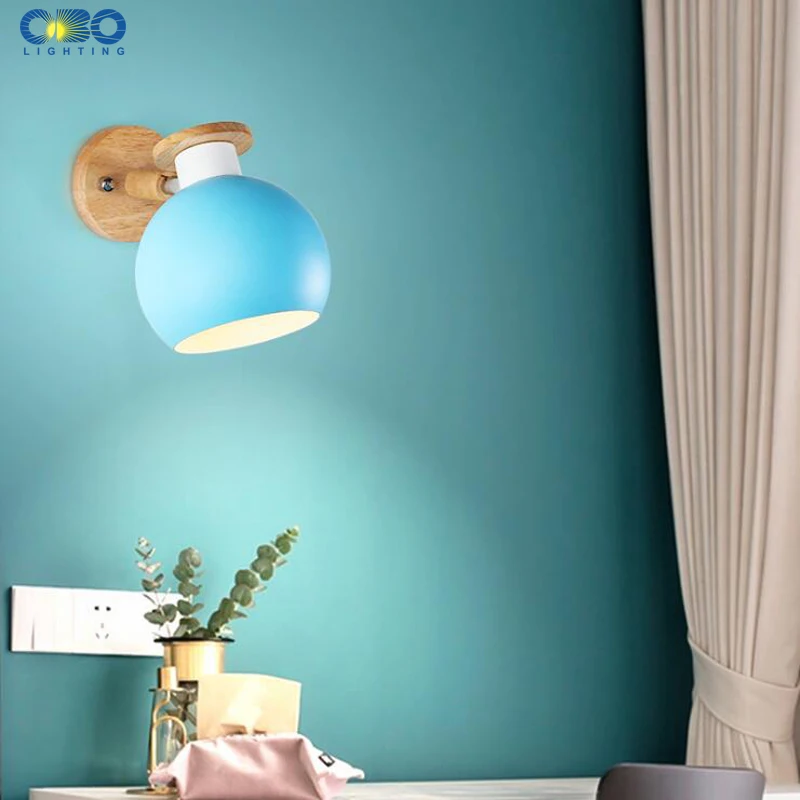 Imagem -04 - Nordic Lâmpada de Parede Colorido Macaron Ferro Abajur Quarto Cabeça Cama Interior E27 Led Luzes Parede Moderna Madeira