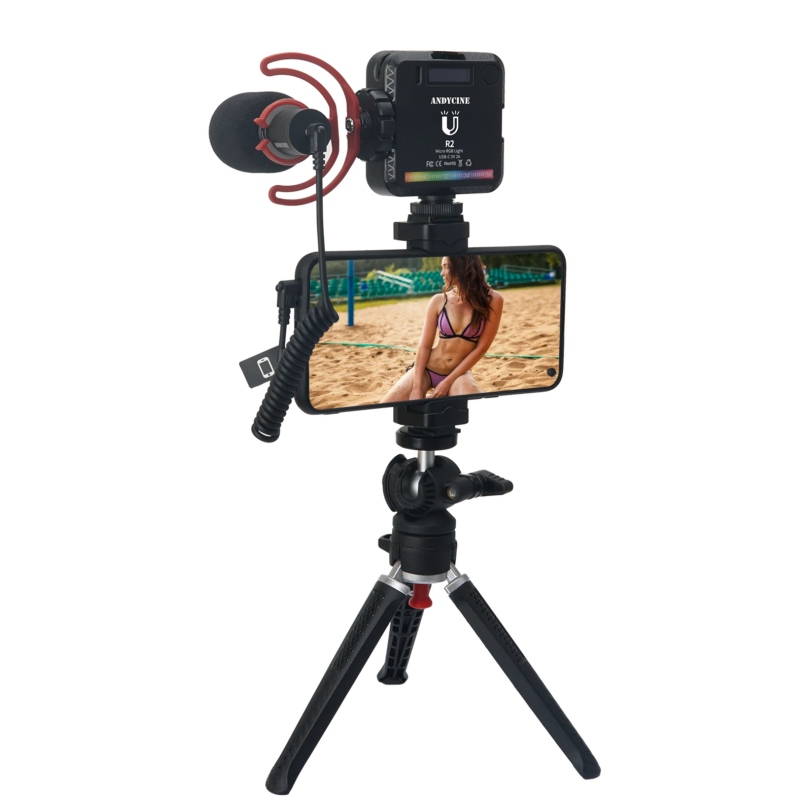 ANDYCINE Smartphone Video Vlogging Kit 4 in 1 Combo with RGB LED Light+Shotgun Microphone+Tripod+Phone Clip