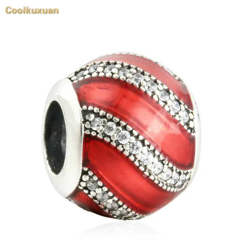 

Winter Red Enamel Adornment Charms 925 Sterling Silver CZ Pave Ribbon Round Beads For Christmas Fits Pandora Bracelet