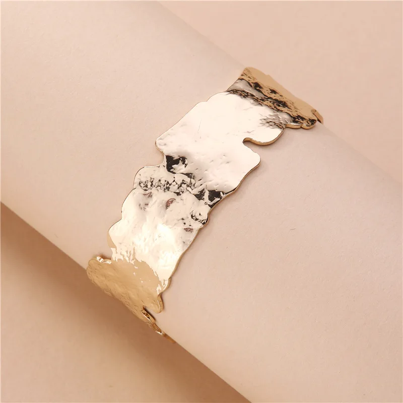 Trendy Fashion Jewelry Gold Color Hammered Metal Wide Cuff Bangle Bracelets for Women