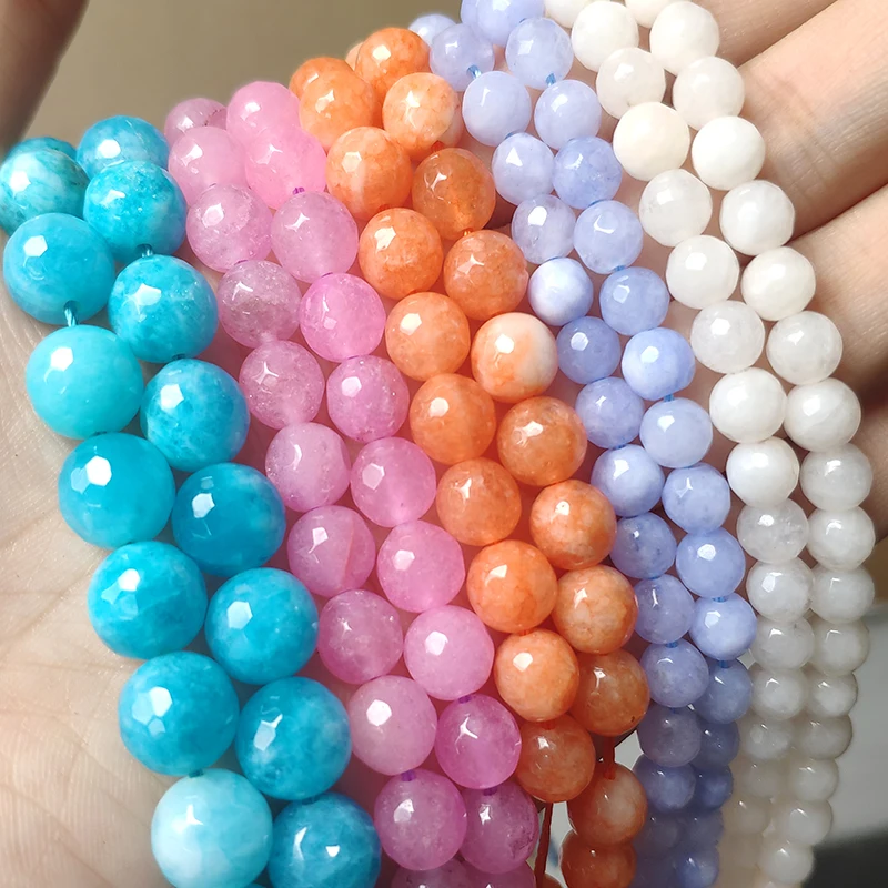 Natural Jades Stone Bead 4-12mm Faceted Purple Blue Chalcedony Round Loose Beads for Jewelry Making DIY Bracelet Accessories 15\'