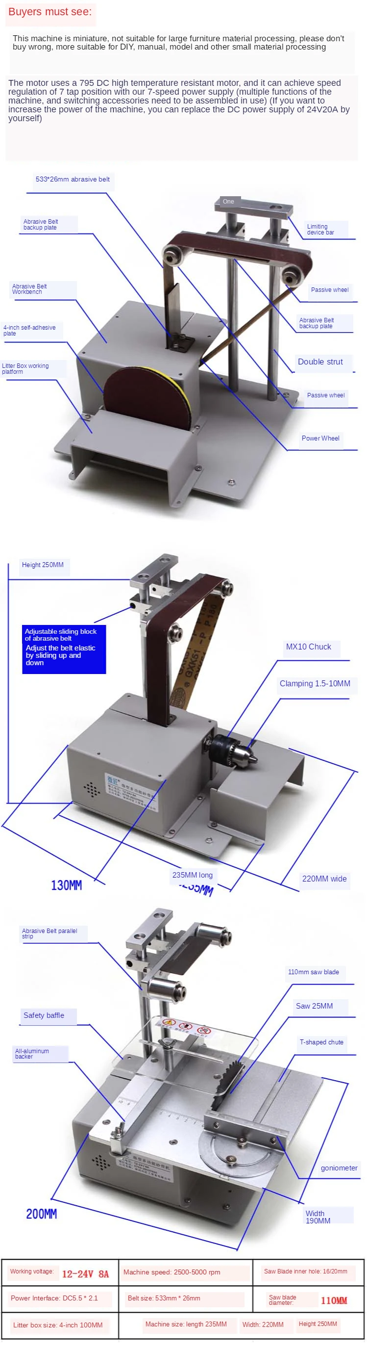 Mini sega da tavolo levigatrice a nastro smerigliatrice lavorazione del legno fatta a mano lucidatura rettifica levigatrice sega da taglio con adattatore di alimentazione