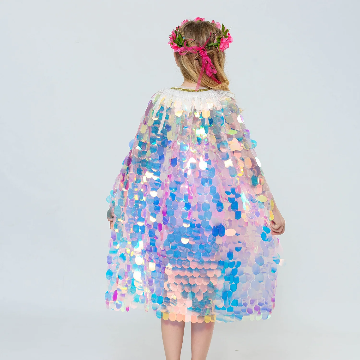 New Little Mermaid Princess Girls Sequins Cape Cloak for Beach Party Clothes Children Rainbow Shawl Cosplay Christmas Wear