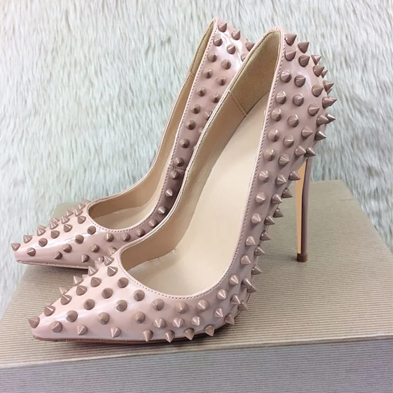 Tikicup Full Spikes Women Nude Patent Pointy Toe High Heels Sexy Ladies Slip On Stilettos Studs Pumps Wedding Party Dress Shoes