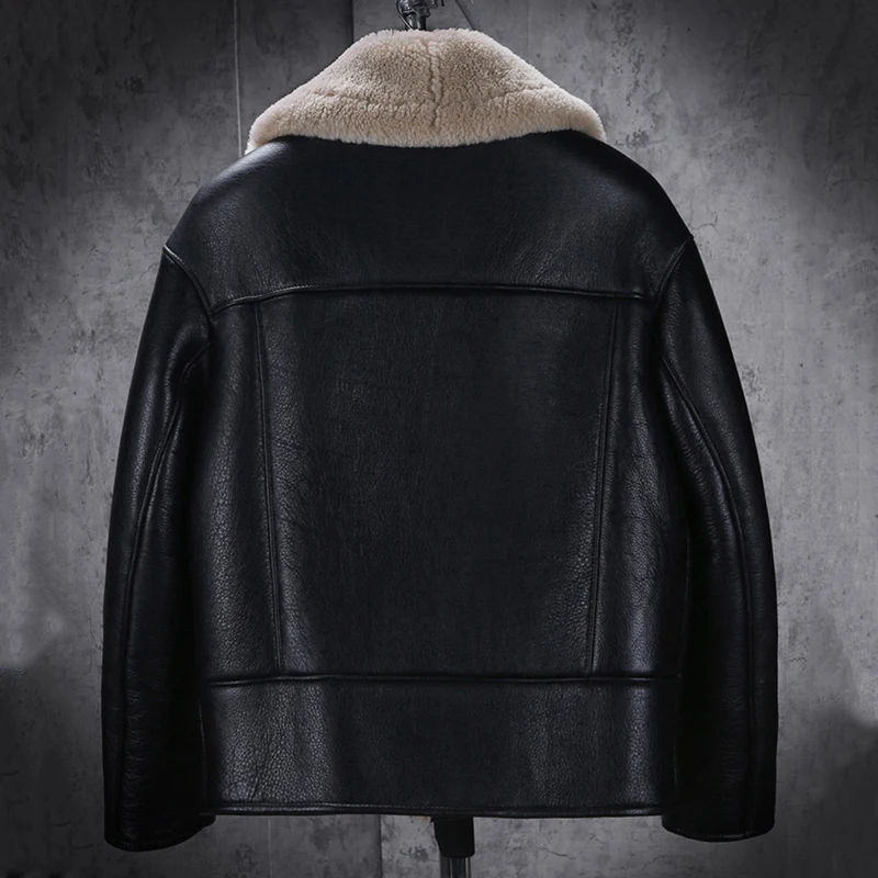 New Shearling Coat Mens B3 Bomber Jacket Short Fur Coat Black Leather Jacket Natural Sheepskin Coat Mens Winter Coats