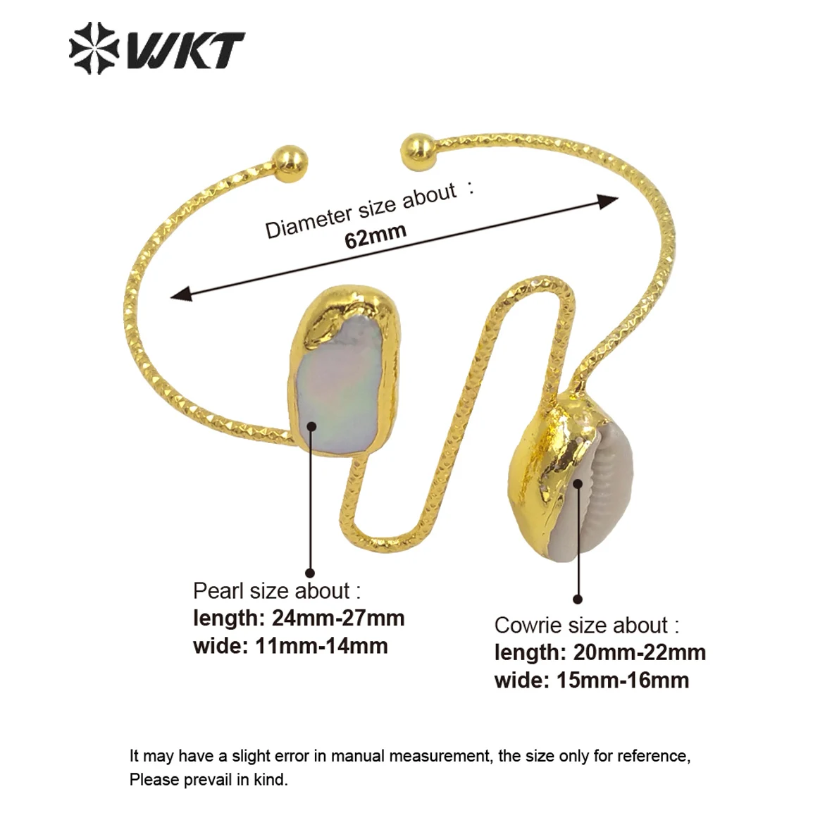 WT-MPB043 WKT Unique Design Handmade Gold Electroplated Pearl Shell Cuff Bangle Gorgeous Women Natural Conch Adjustable Size