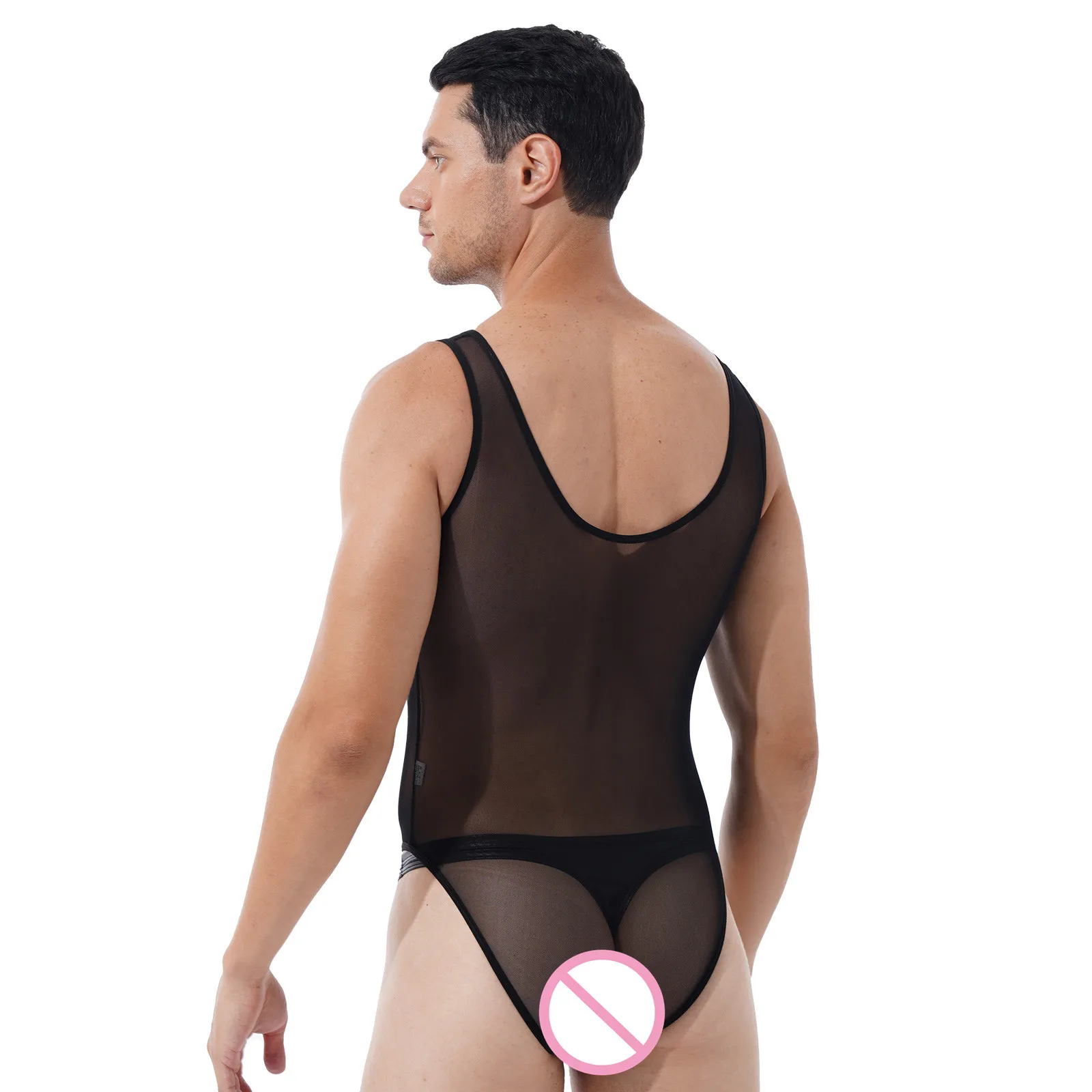 Ropa interior Sexy para hombre, bañador de una pieza, lencería de malla transparente, cuello en U profundo, sin mangas, mono de corte alto con