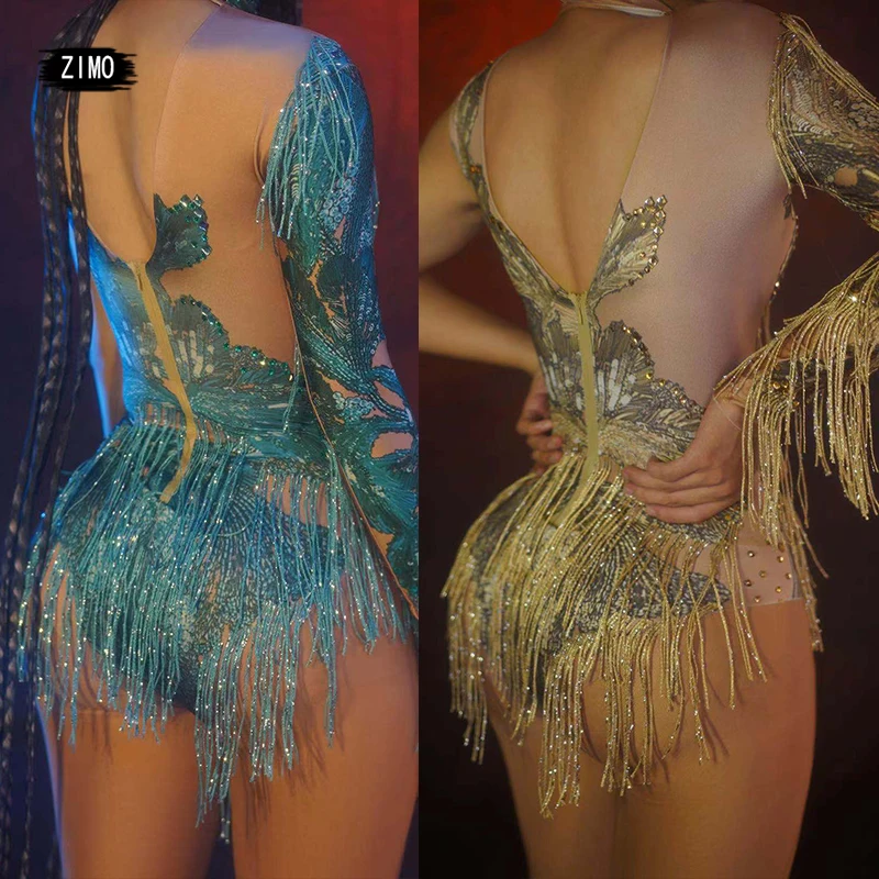 Sexy Blue Print Strass Een Schouder Crystal Bodysuit Vrouwen Elastische Showgirl Kwasten Turnpakje Party Verjaardag Ds Stadium Kostuums