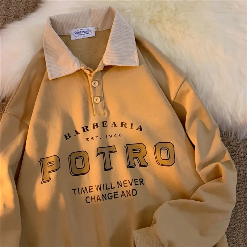 Sudadera Vintage con cuello tipo POLO y letras estampadas para mujer y niña adolescente, suéter de gran tamaño Harajuku, ropa Kawaii coreana, jerséis