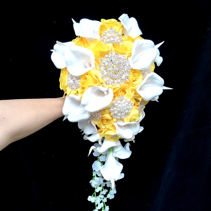 Real Photo New Arrival Gold Yellow Roses,White Callalily Cascading الزفاف باقة Wedding Bouquet Ramo de Novia